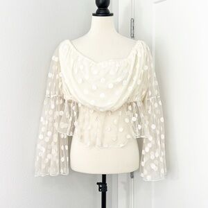 New Nasty Gal Size 14 Cream Dotted Long Sleeve Off Shoulder Cropped Blouse